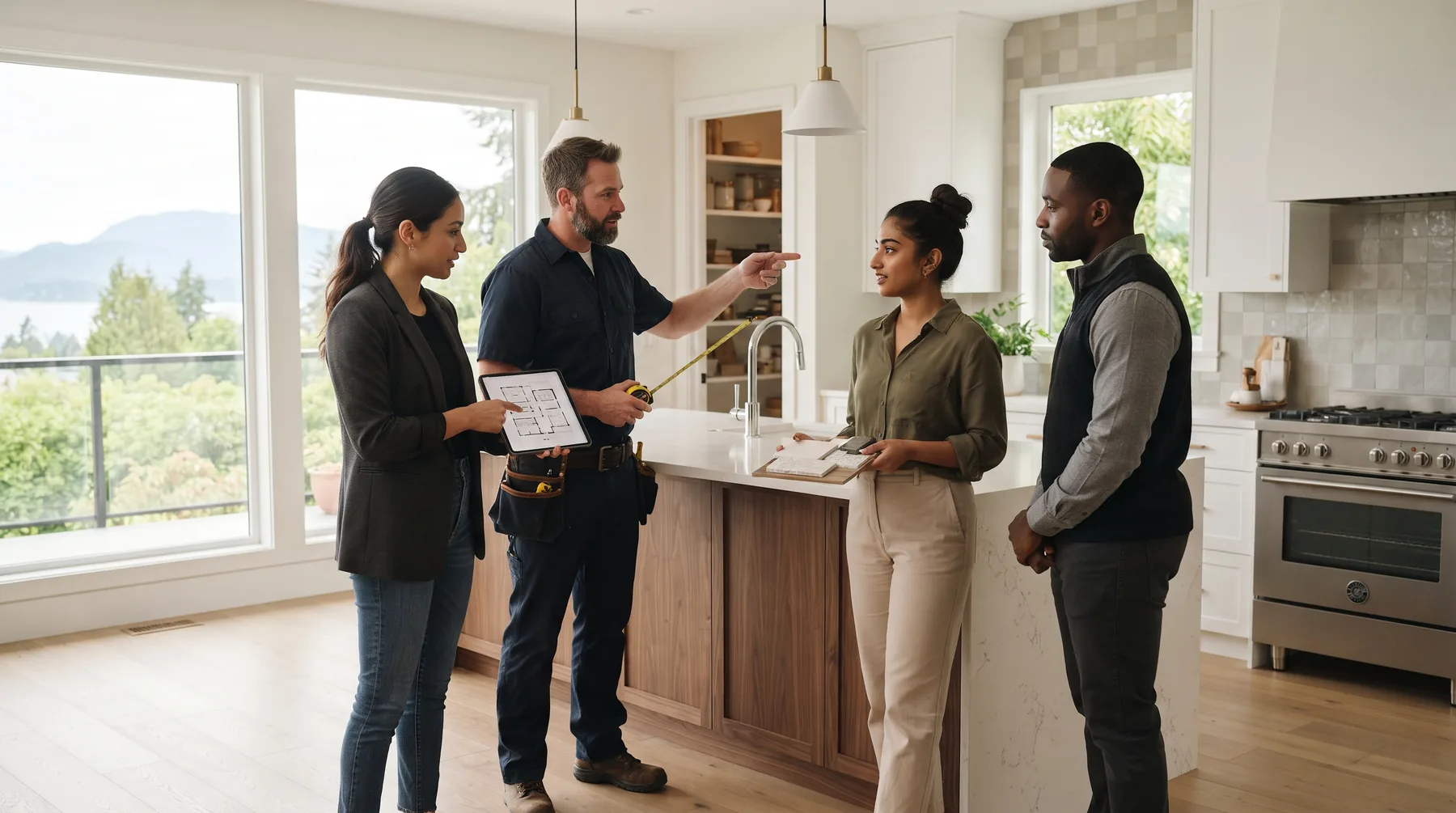 Renovation team discussing the next step in a nearly finished kitchen
