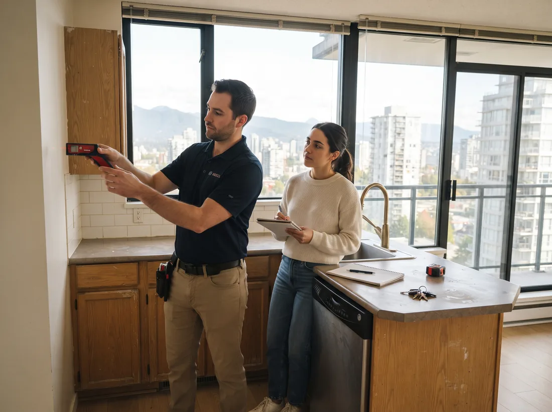 Project lead measuring a condo kitchen wall while the homeowner watches