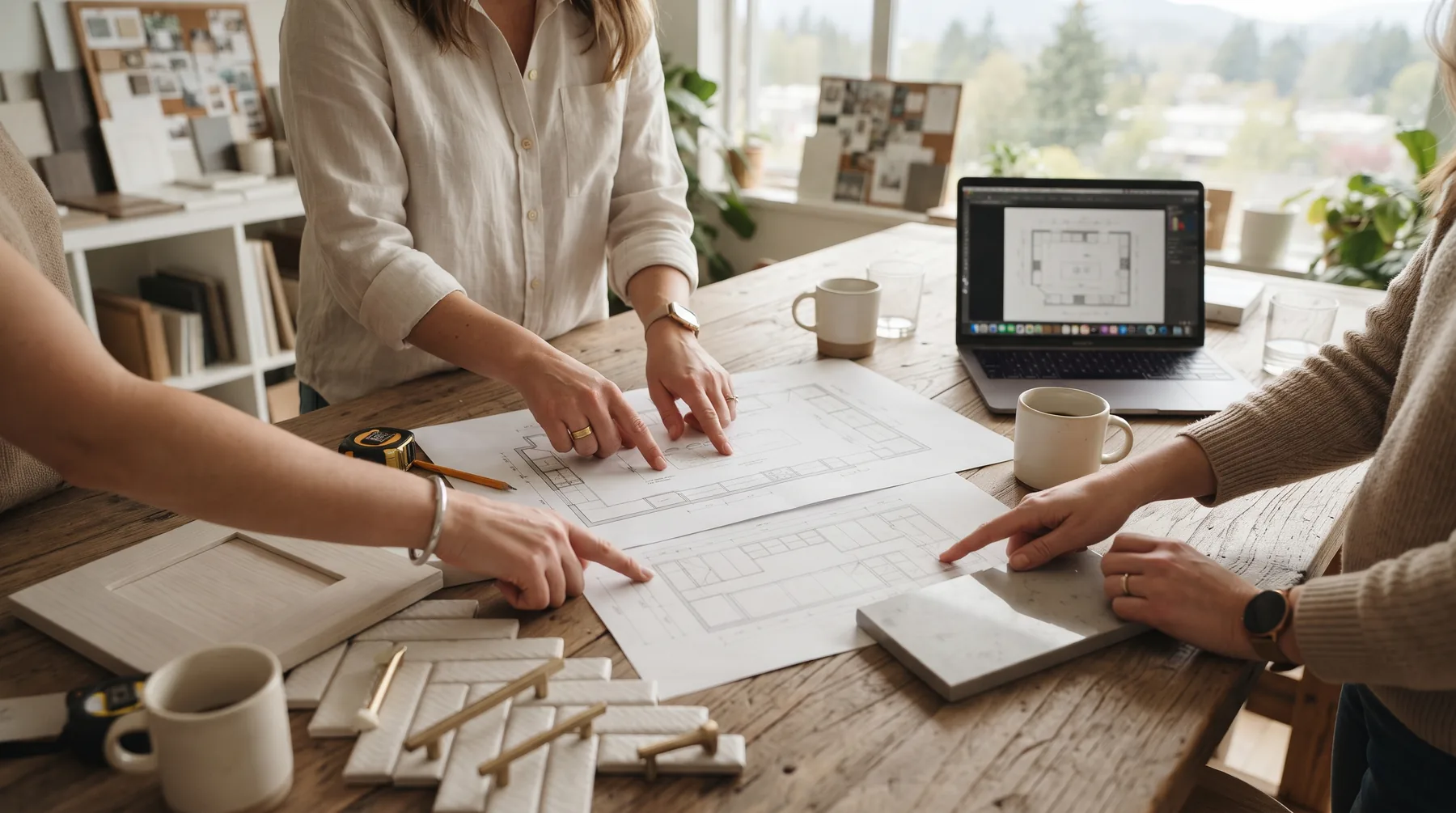 Hands pointing at a kitchen plan on a design table with cabinet and tile samples
