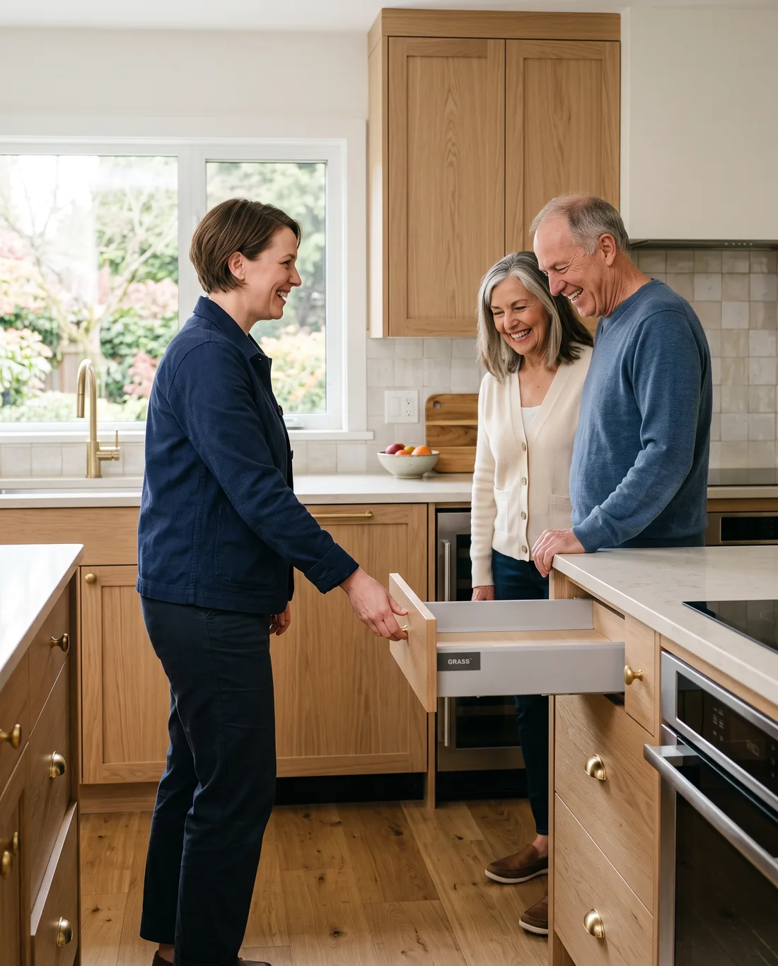 Project lead showing a soft-close drawer to homeowners during a final walkthrough