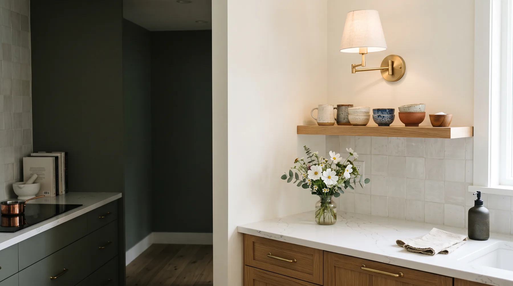 Corner of a renovated kitchen with a brass sconce, an oak shelf and flowers on a quartz counter