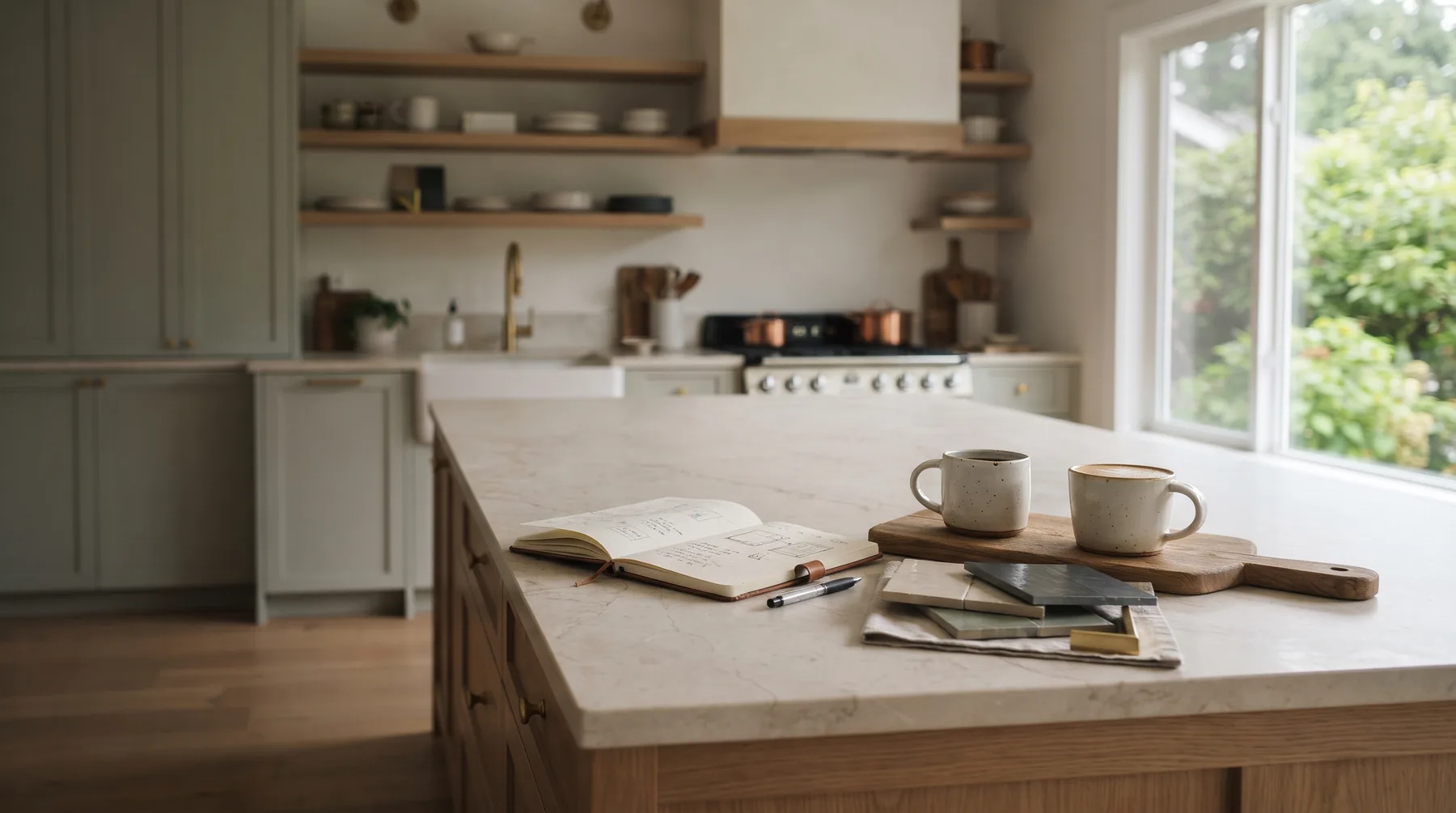 Kitchen island with notebooks, tile samples and coffee mugs