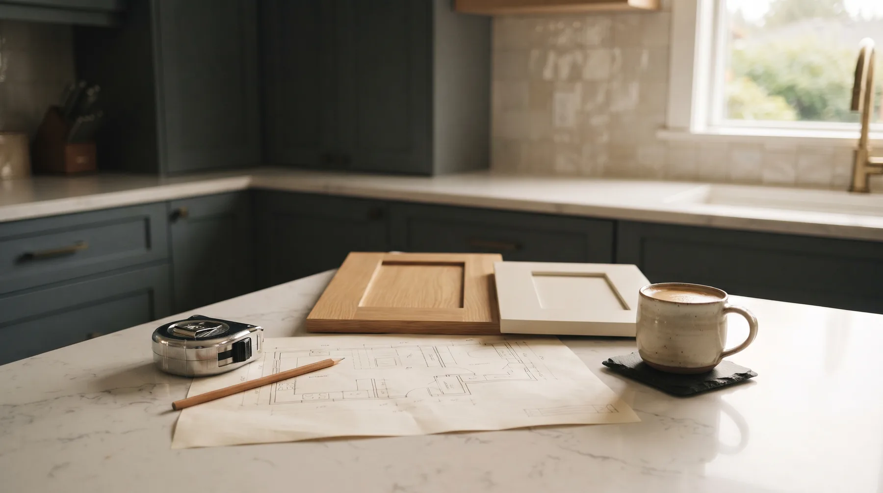 Tape measure, pencil, a sketched kitchen plan and cabinet samples on a counter