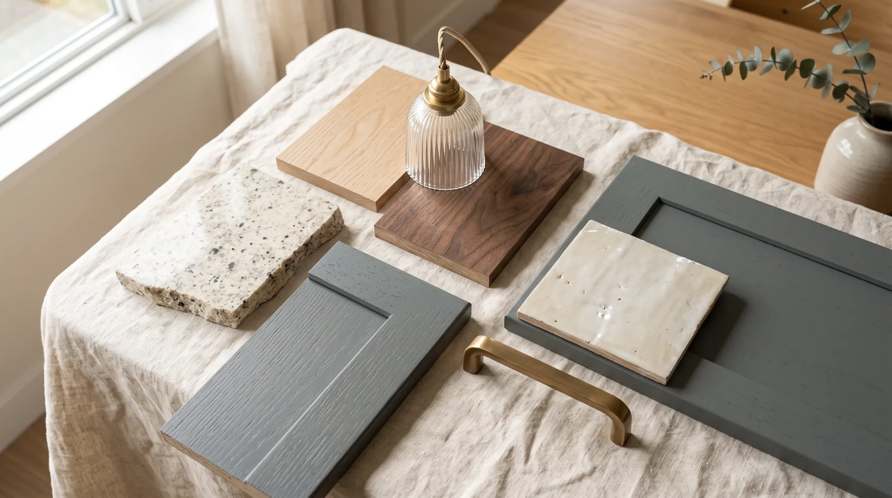 Kitchen materials laid out: quartz, oak and walnut samples, a painted door, tile and a brass pull