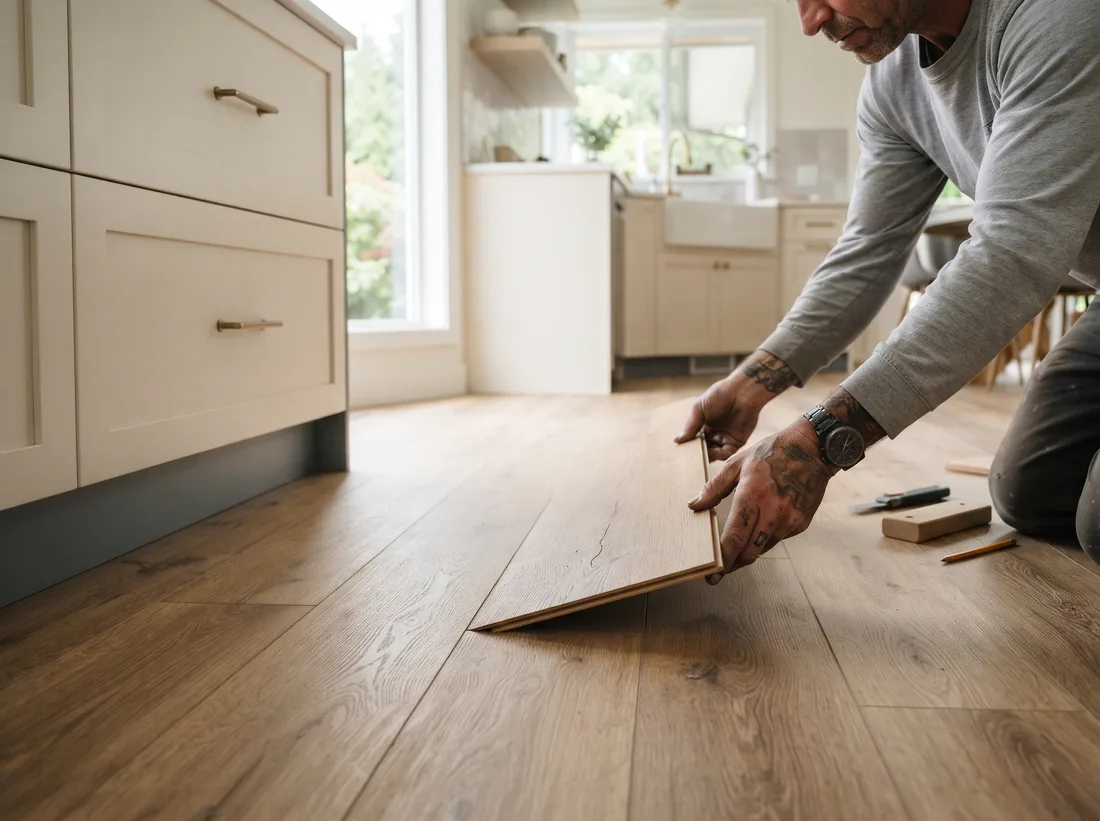 Installer clicking a wide oak-look plank into place along new base cabinets