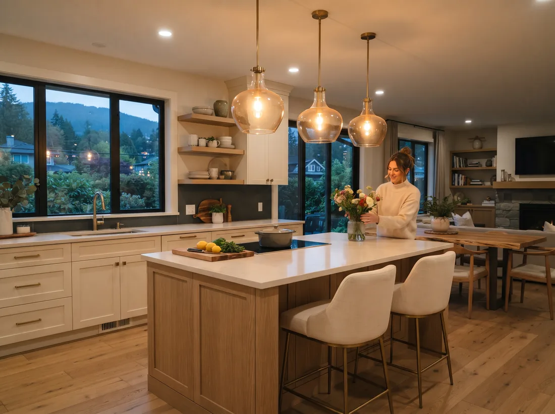 Glass and brass pendant lights glowing over a kitchen island