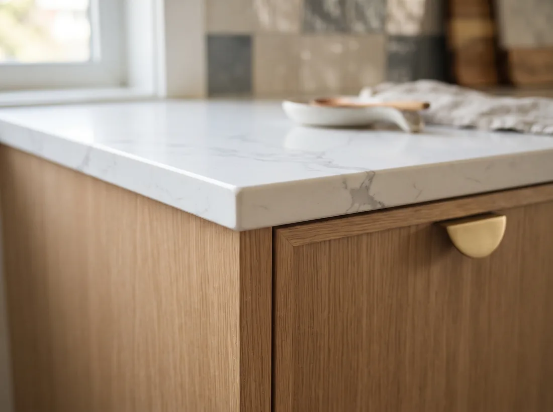 Eased edge on a white quartz countertop meeting a white oak cabinet