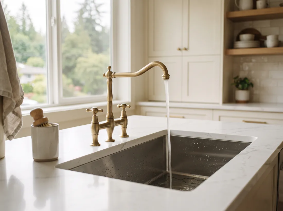 Undermount sink in a quartz counter with a brushed brass faucet