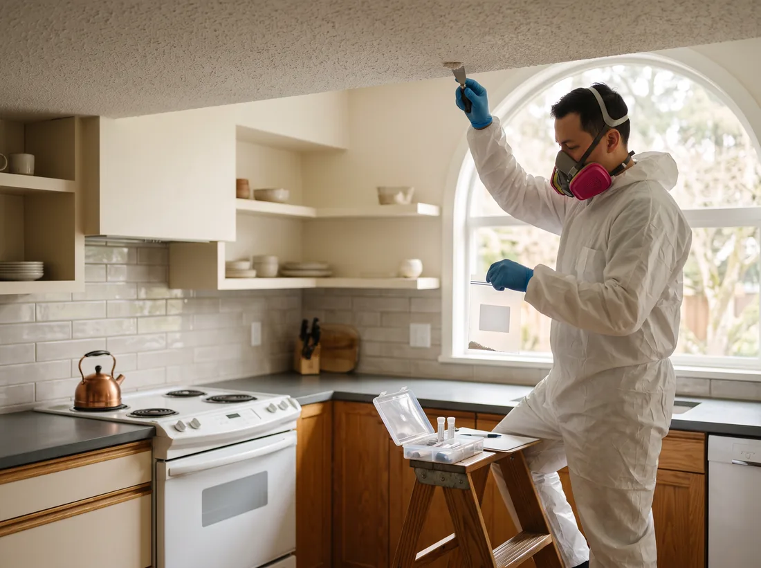 Hazardous-materials surveyor in protective gear taking a ceiling texture sample in an older kitchen