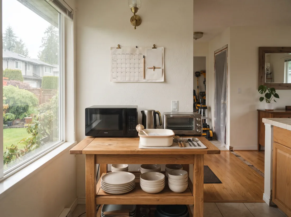 Temporary kitchen set up on a dining table with a microwave, kettle, toaster oven and dish tub