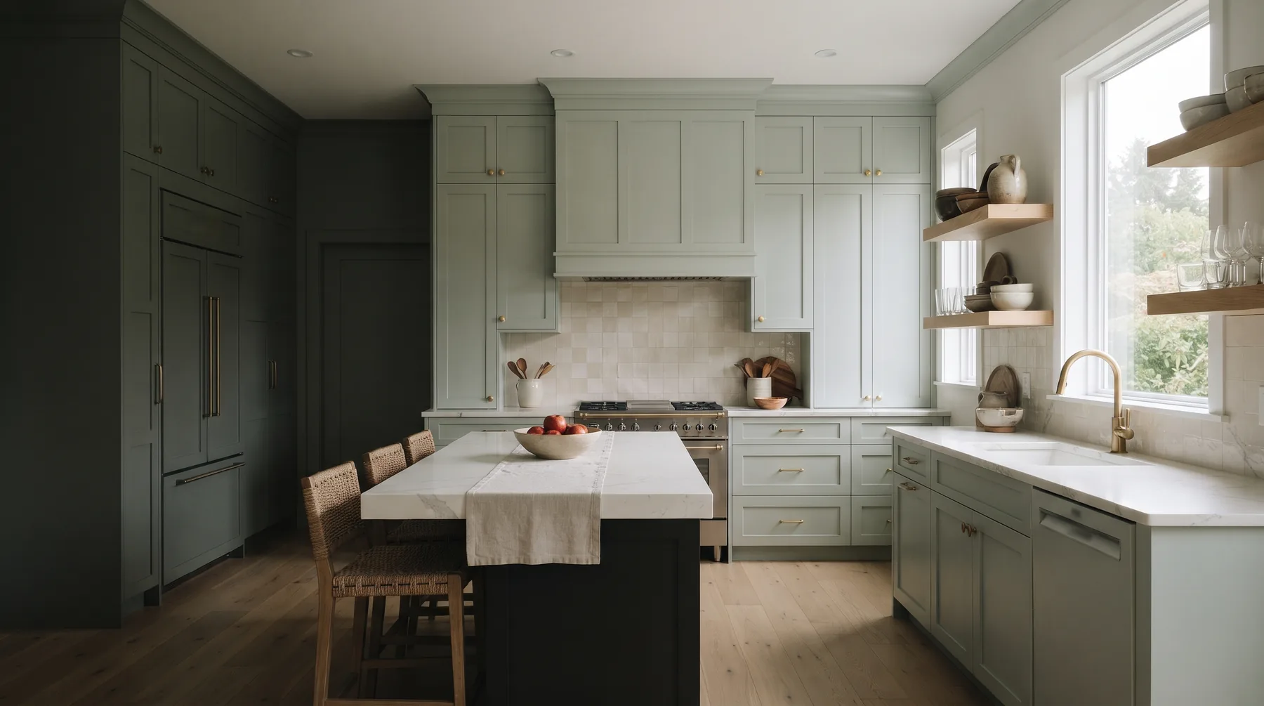 Sage green Shaker kitchen cabinets with brushed brass knobs and an oak shelf