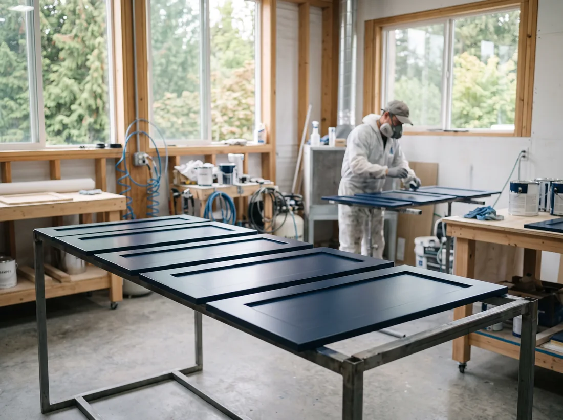 Cabinet doors on drying racks after being sprayed in a deep navy satin finish