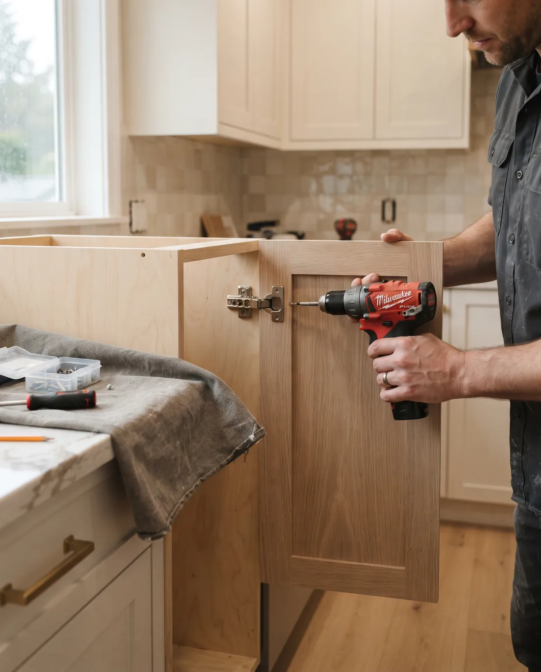 Installer fitting a new white oak door onto an existing cabinet box