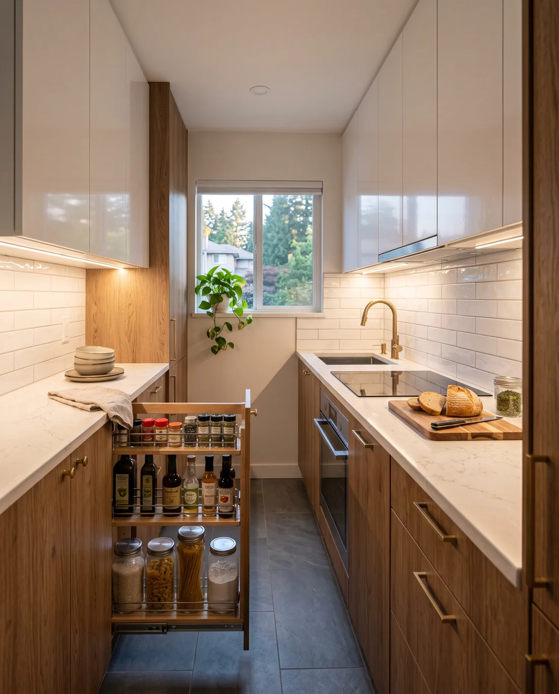 Renovated condo galley kitchen with wood-grain lower cabinets and under-cabinet lighting