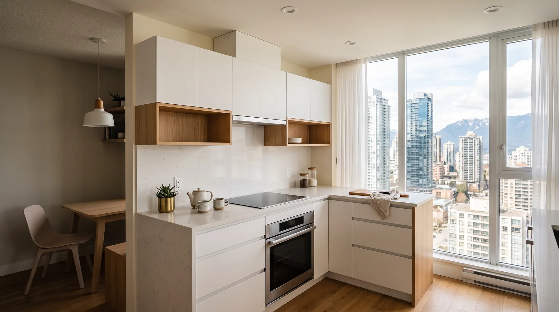 Compact renovated condo kitchen with white flat-panel cabinets and a tower view
