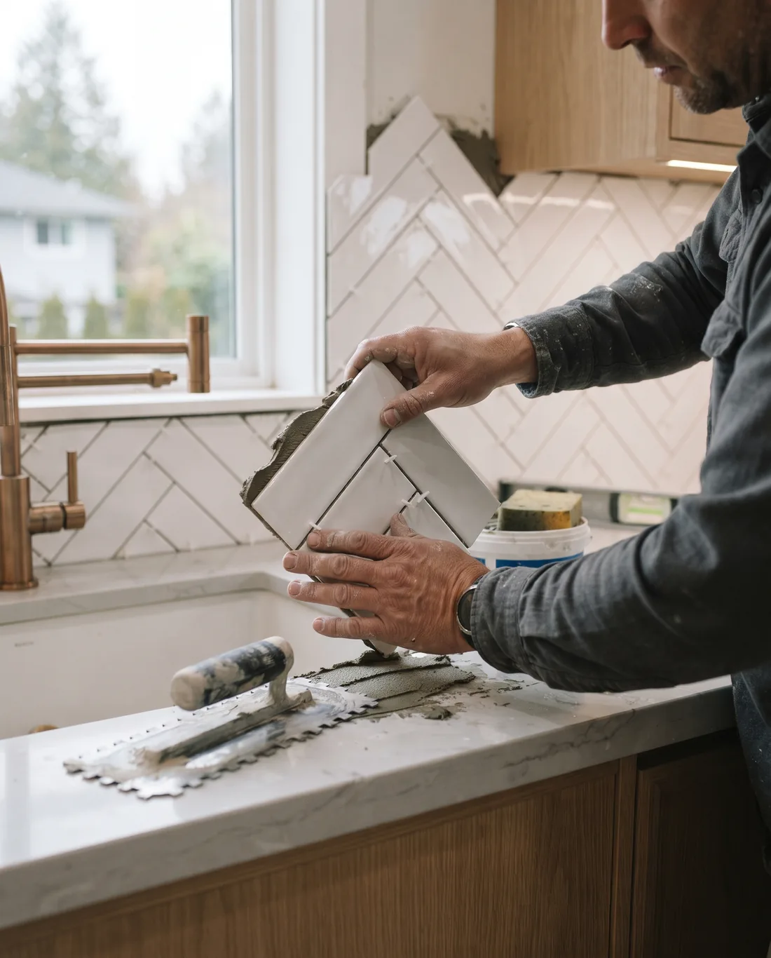 Tiler pressing a white herringbone backsplash tile into place above a quartz counter