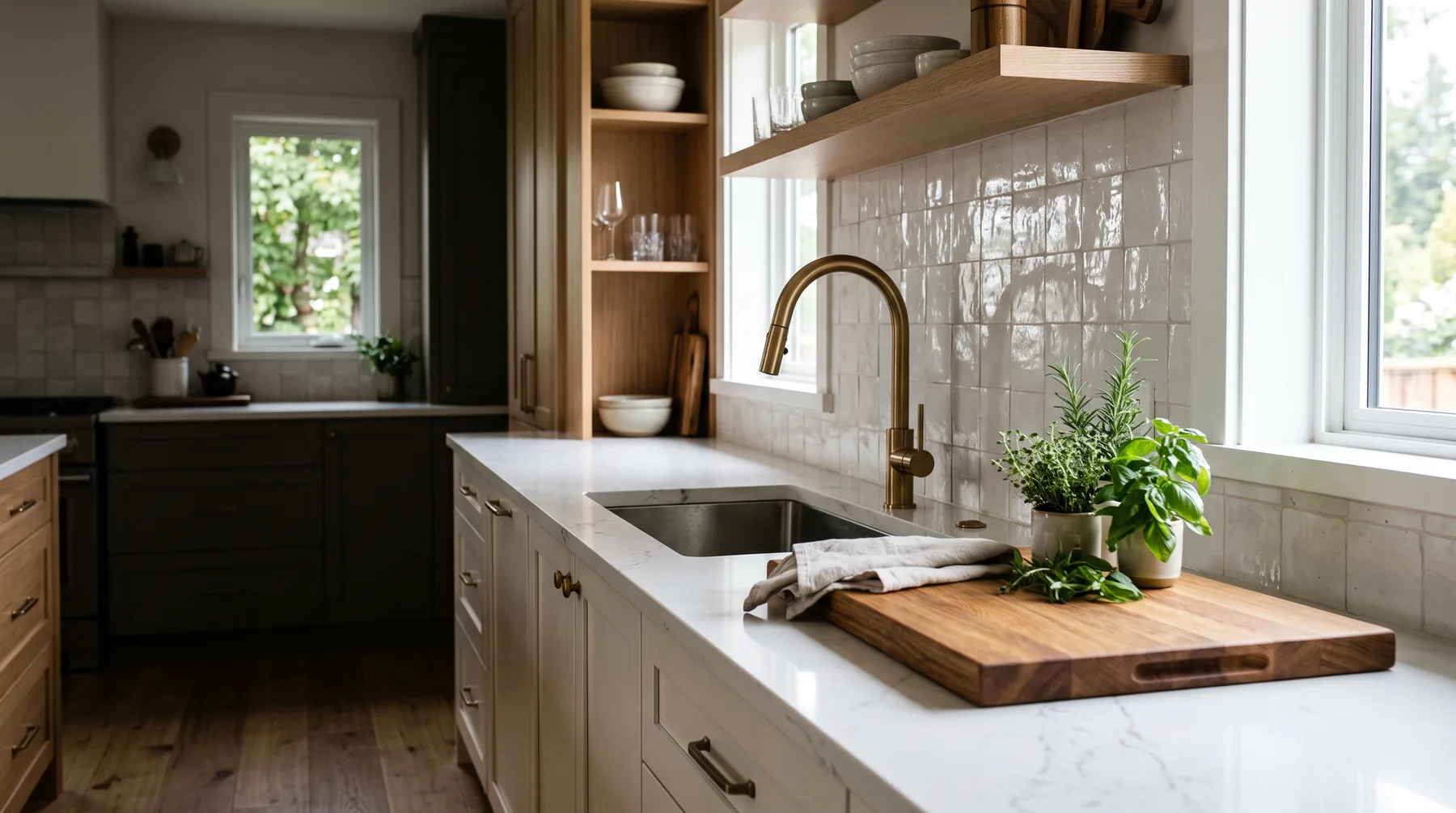 White quartz countertop with an undermount sink, brass faucet and white zellige tile backsplash