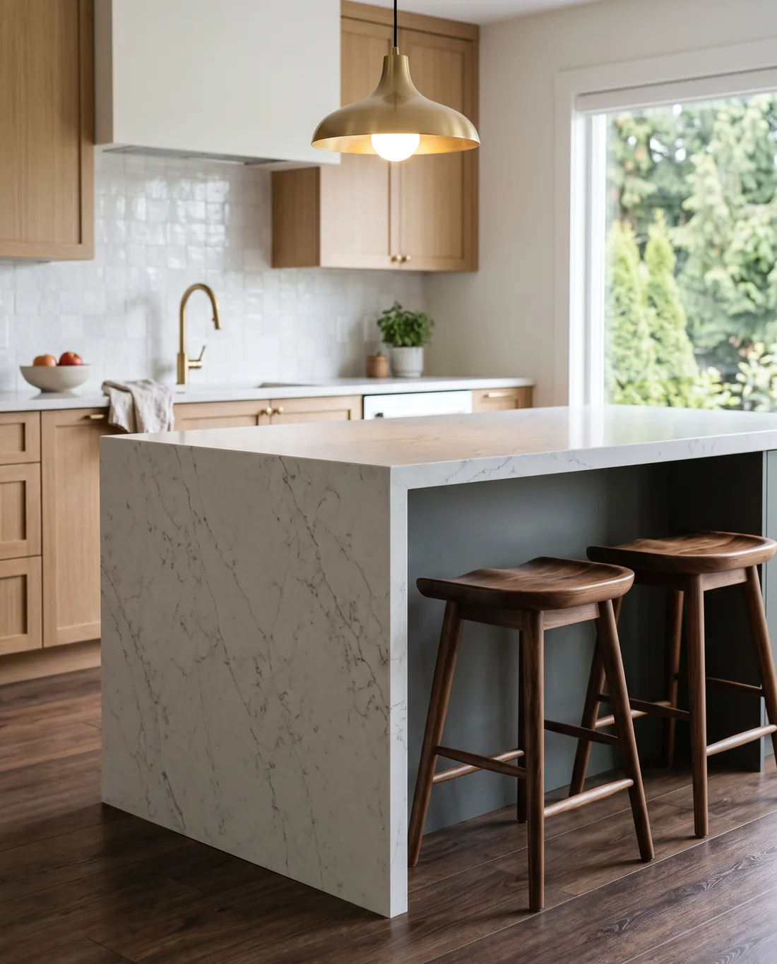 Quartz waterfall edge on a kitchen island with walnut stools