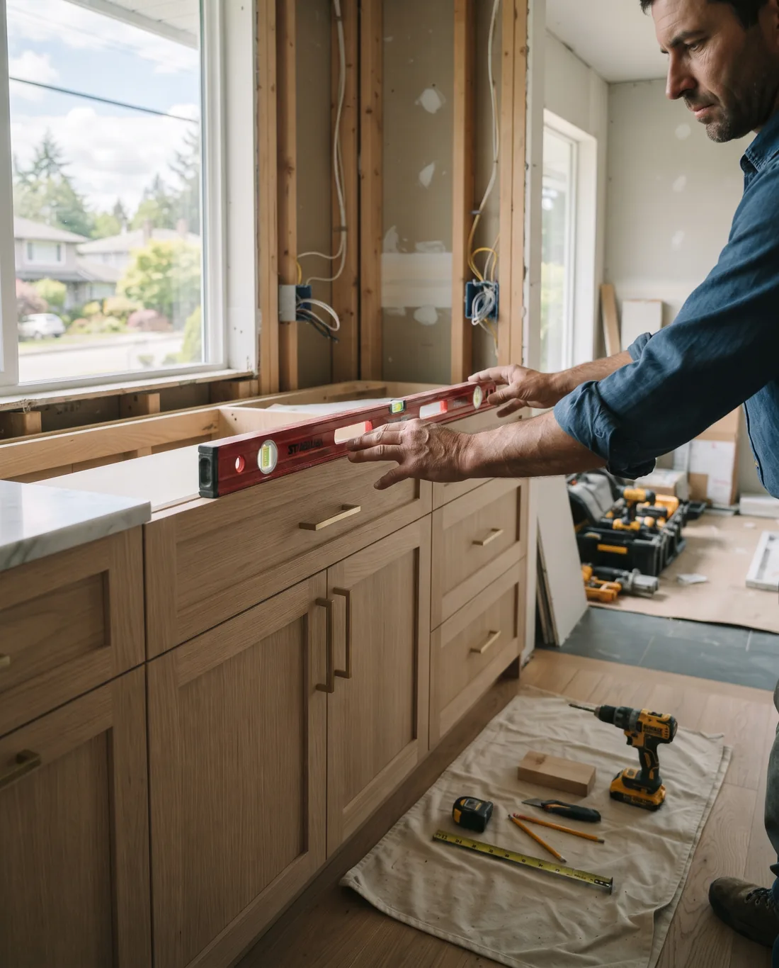 Carpenter checking a level on newly installed base cabinets in a kitchen under renovation