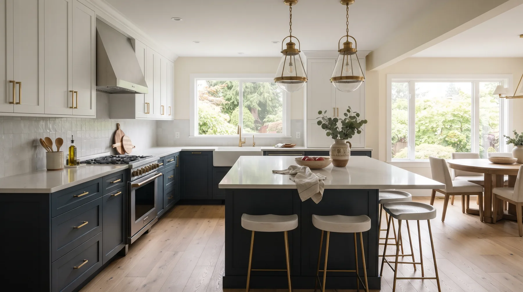 Renovated family kitchen with navy lower cabinets, white uppers and a large quartz island