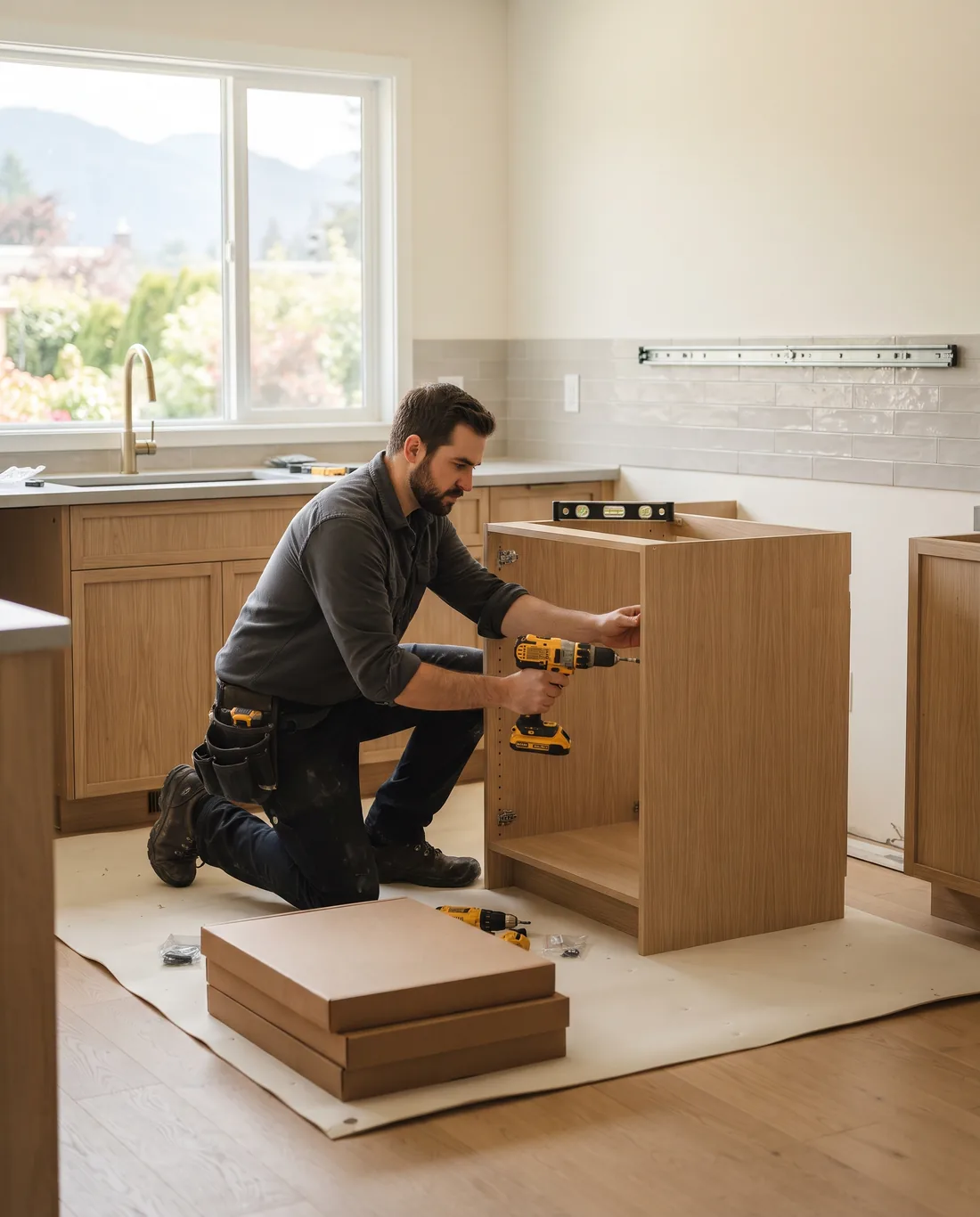 Installer assembling flat-pack cabinet boxes on a protected floor