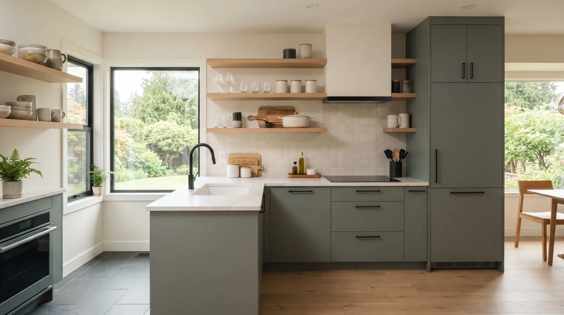 Newly installed flat-pack kitchen with grey-green slab doors and light wood shelves